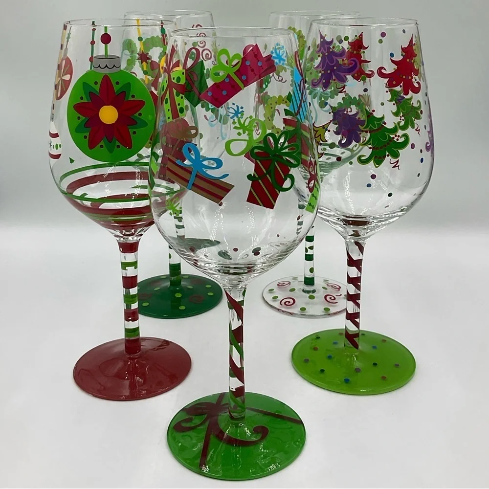 5 Raise The Bar Large 10” Hand Painted Wine Glasses with Christmas Designs